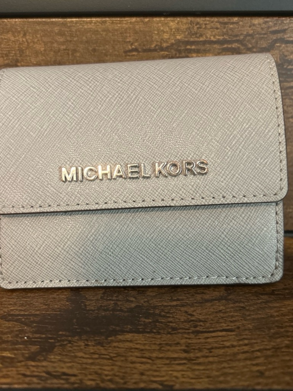 Michael Kors Light Gray Saffiano Leather Card Case with Metallic Logo